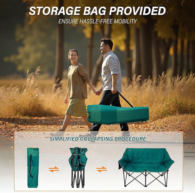 Fuzzy Oversized Folding Double Camping Chairs,Heavy Duty Supports 600 Lbs,Comfy Portable Loveseat for Adults w/Mesh Pocket,Plush Fleece-Lined Lawn Couch for Outdoor/Indoor,Dark Green