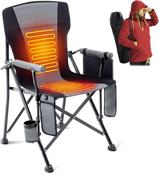 Lamberia Camping Chairs, Portable Heated Folding Chairs for Outdoor Sports, Heavy Duty Lawn Chairs for Adults Support 400lbs, Heated Camp Chair with Cup Holder,Grey(2 Battery Pack Required)