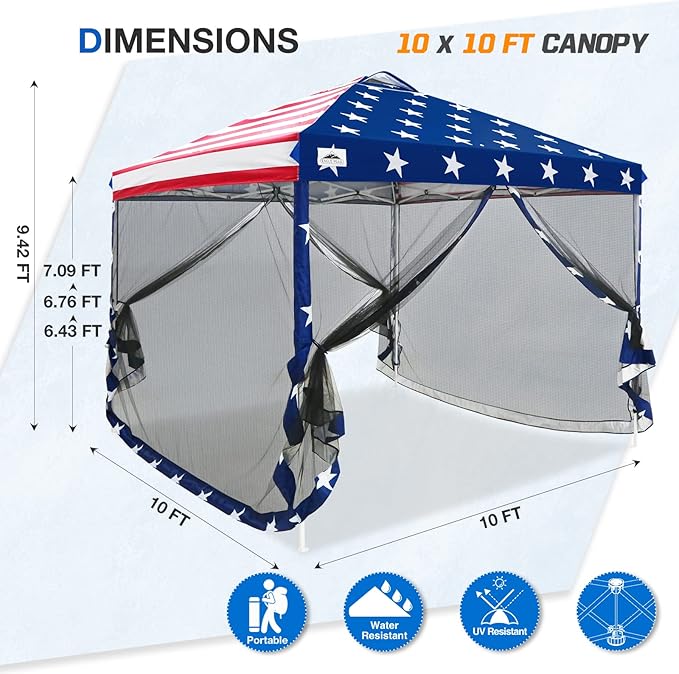 EAGLE PEAK 10x10 Outdoor Easy Pop up Canopy with Netting, Instant Screen Party Tent with Mesh Side Walls, American Flag
