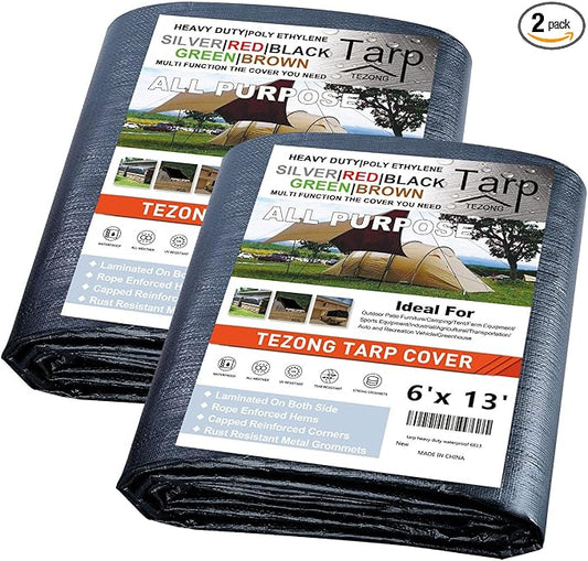 TEZONG Tarps Heavy Duty Waterproof 6x13ft,Black Plastic Tarps Large Outdoor Tarp Cover Poly Tarpaulin 12MIL for Emergency Rain or Sun, Roof, Patio Furniture, Firewood, Canopy 2pack