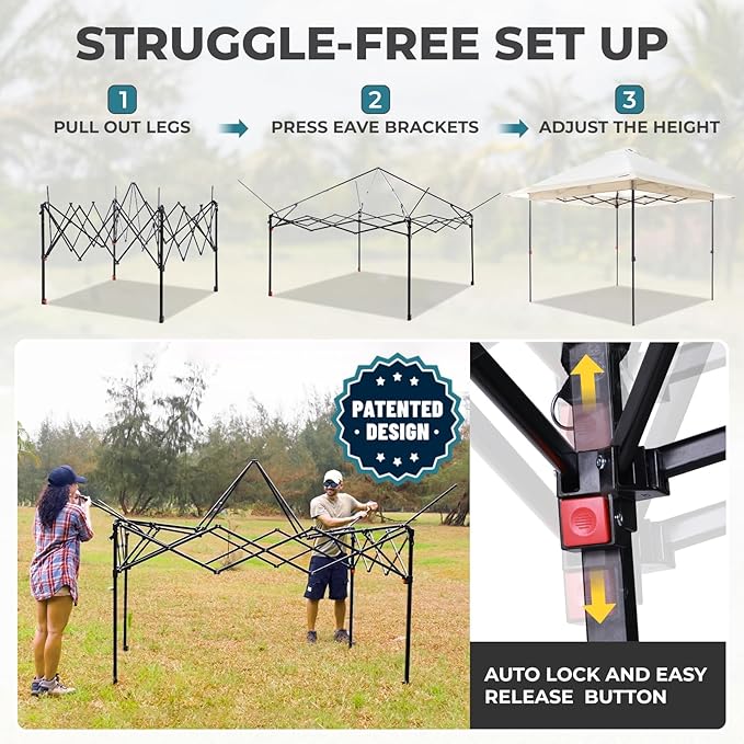 FUNDANGO 10x10 Pop Up Canopy Tent, Beach Canopy Tent, Outdoor Sunshade Canopy with Quick Open Frame, Extra Eave&Wheeled Carry Bag, Silver Coated top, Khaki