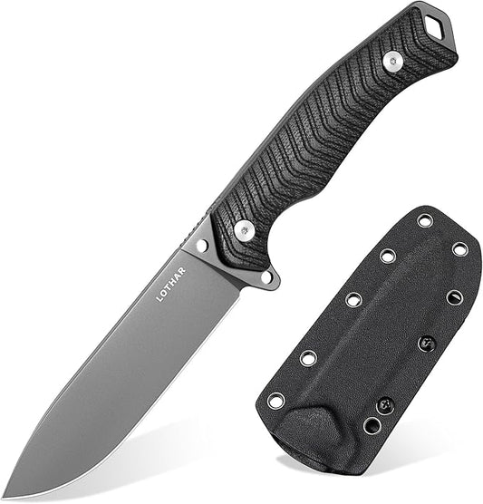 LOTHAR BAT Survival Knife, Full Tang D2 Steel Fixed Blade Knife with G10 Handle, Tactical Hunting Horizontal Carry Knives with Kydex Sheath, Bushcraft Camping Knives, Gifts For Men