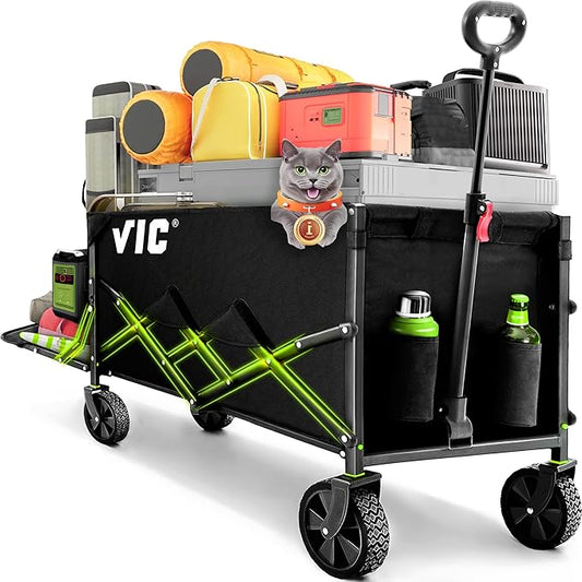 VIC Collapsible Folding Wagon Extra Long Extender Wagon Cart,Beach Wagons Cart Heavy Duty Foldable, Utility Grocery Car with Side Pocket for Camping Garden Sports, V1