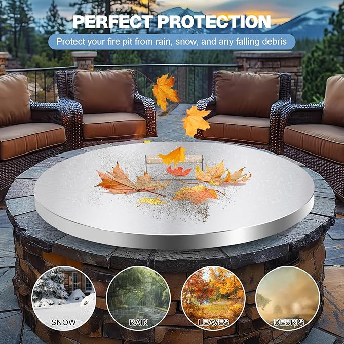 Fire Pit Lid Cover Round - 28" Stainless Steel Rust Resistant Firepit Cover or Table with A Wooden Handle for Patio Fire Pit, Weatherproof for All Seasons, Fits Fire Pits Up to 26"