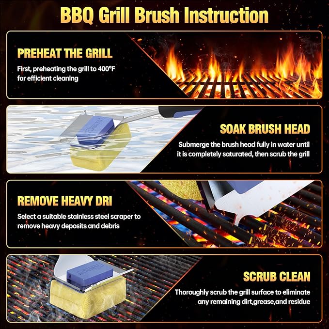 Grill Cleaning Brush Bristle Free for Outdoor Grill Brush Extended Handle for Cast Iron Stainless-Steel Grates, Replaceable BBQ Cleaner Brush Head, Steam Safe Grill Brush with Scraper, Purple