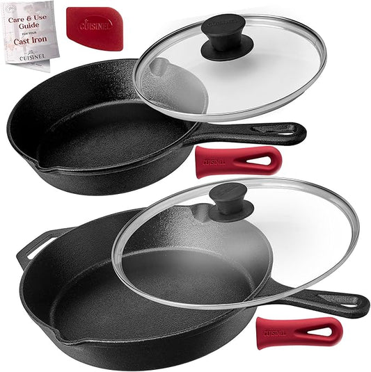 Cuisinel Cast Iron Skillet Set - 8" + 12"-Inch Frying Pan + Glass Lids - Pre-Seasoned Cookware - Heat-Resistant Holders - Indoor/Outdoor Use - Camping, Grill, Stove, BBQ, Firepit, Induction, Oven Safe