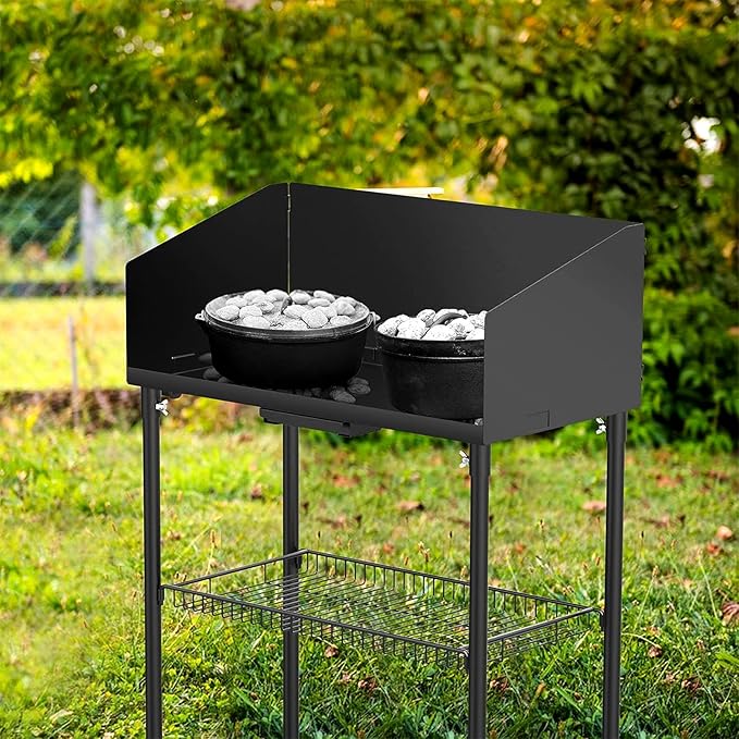 onlyfire Outdoor Camp Cooking Table for Dutch Ovens and Food Preparation, Collapsible Grill Table Camping Kitchen Station with Side Windscreen & Storage Basket for Backyard BBQ Picnic RV