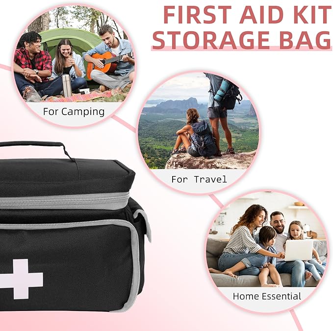 First Aid Bag Empty, Small Medicine Bag Portable Medical Supplies Organizer for Travel, Home, Office, Car, Outdoor, Camping, Hiking (Black)
