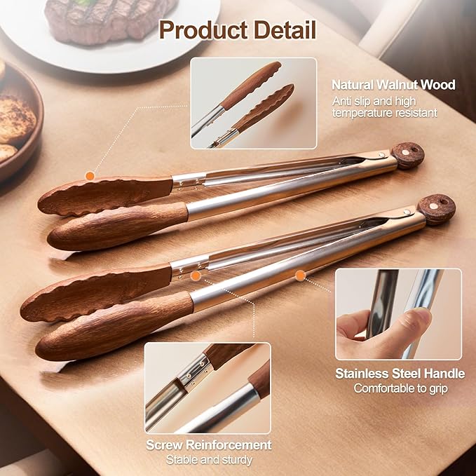 Wooden Kitchen Cooking Tongs 2 Pcs Food Tongs with Wood Tip 9 Inch 12 Inch Walnut Wooden Kitchen Tongs for Salad Tossing and Serving Food