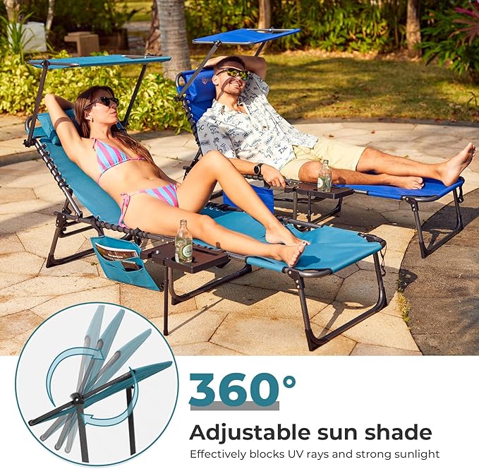FUNDANGO 4 in 1 Tanning Chair with Face Hole, Beach Lounge Chair w/Canopy Shade & Side Table Chaise Lounge Chairs for Patio, Pool, Lawn, Sunbathing, 5-Position Adjustable Sun Lounger, Cyan
