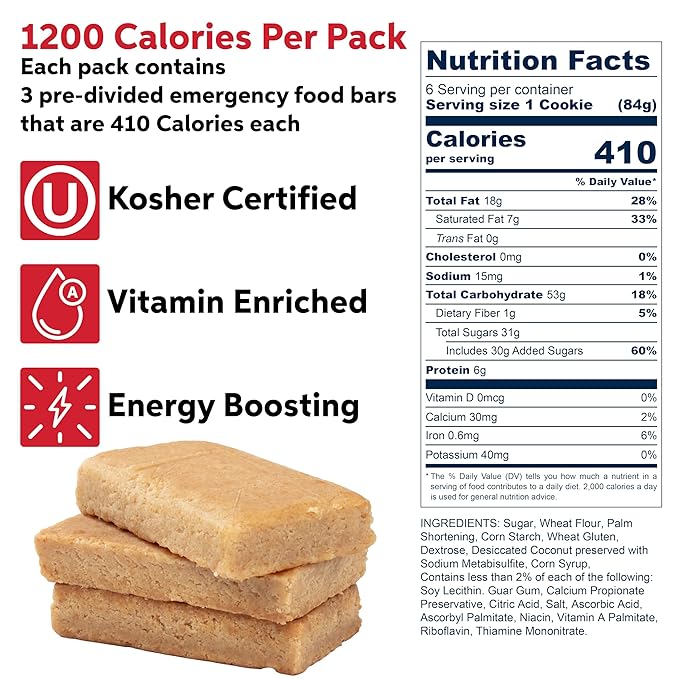 SOS Food Lab Emergency Food Bar - 1200 Calorie Ration (5 Pack Shortbread Cookie) - 1 Day/24 Hour Ready to Eat Supply for Camping, Hiking, Disaster Preparedness - 5 Year Shelf Life Energy Survival Food