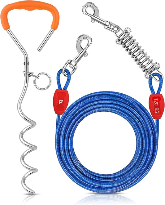 Petbobi Dog Tie-Out Cable and Stake - 40ft Heavy Duty Cable with Spring, No Tangle, 16in Ground Stake, Ideal for Yard, Camping and Beach, Suitable for Medium to Large Dogs Up to 120 lbs, Blue