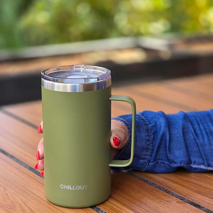 CHILLOUT LIFE Stainless Steel Vacuum Insulated Coffee Mug 16 oz (Set of 2) with Handle and Lid, Large Thermal Camping Coffee Mugs with Sliding Lid for Men & Women, Keeps Your Beverages Hot & Cold