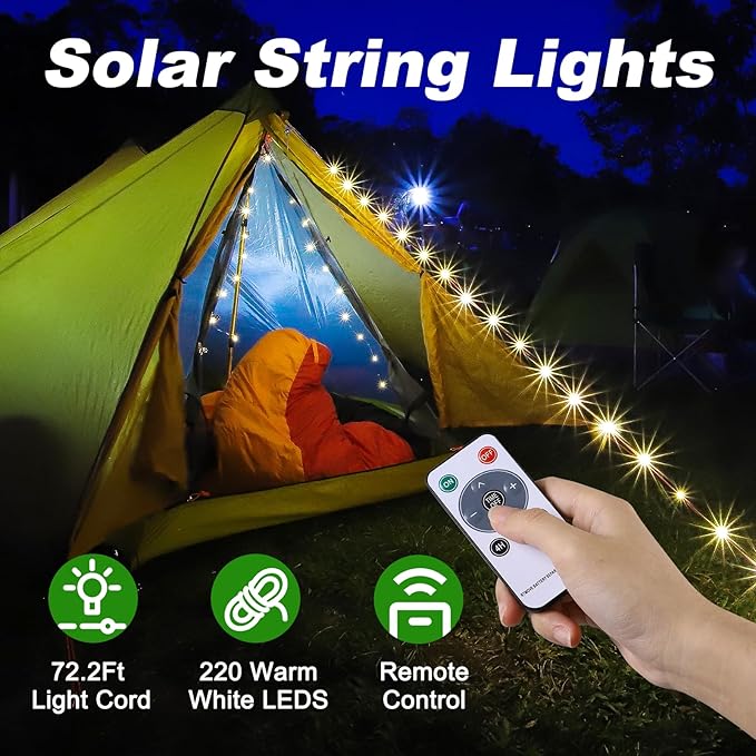 SMY Lighting 4 in 1 Solar Camping String Lights, 72.2Ft Ultra Long String with 220LEDs, Solar Powered and USB Rechargeable Light with Remote Control, Portable Camping Light for Hiking, Decorations