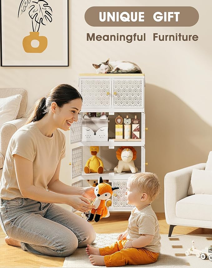 4 Tier Metal Storage Bins and Boxes Organizer, Magnetic Doors & 360°Swivel Lockable Wheels, Easy,labor-Saving, Ocean Life Cutout Pattern, Eco-Aesthetic for Living Room,Bedroom,bathroom,kitchen