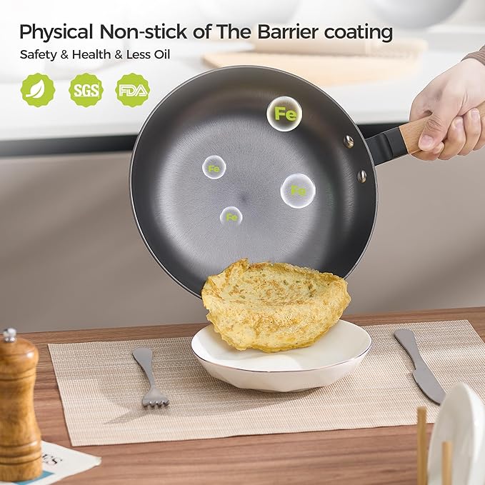 YUTANN Non Stick 12 inch Frying Pan, Lightweight Cast Iron Pan, Preseasoned Cast Iron Skillet with Wooden Handle, Cooking Pan Induction Frying Pan Easy Cleanup, Oven Broiler Safe 500F