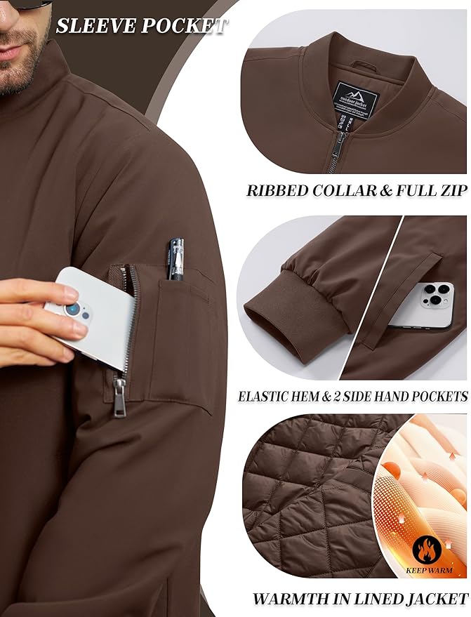 Cotrasen Mens Bomber Jacket Fall Winter Warm Windbreaker Casual Full Zip Padded Coats with Pockets
