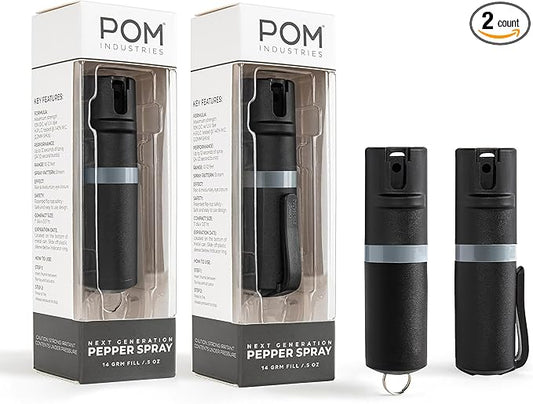 POM Pepper Spray Combo Pack Clip & Keychain - Maximum Strength OC Spray Self Defense- Tactical Compact & Safe Design - 25 Bursts & 10 ft Range - Stream Spray Pattern