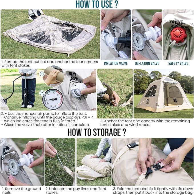 TAILI Inflatable Blow Up Tent for Camping with Hand Pump for 2/3/4/6 Person, Easy Setup Outdoor Inflatable Oxford Waterproof Air Tent House for Family Camping Adult