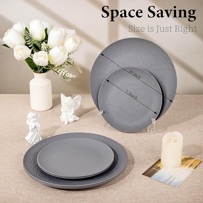 WONDERFUL 32pcs Dark Grey Plastic Plates Reusable Plates Halloween Plates Unbreakable and Dishwasher safe Dishes Set Outdoor Plate Includes:16 Dinner 10" & 16 Dessert Plate 7.3" Suitable for Camping