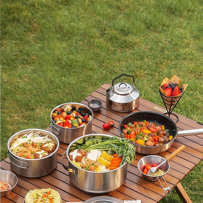 7PCS Camping Cooking Set,Camping Cookware Mess Kit,304 Stainless Steel Camping Cookware with Travel Tote Bag for Camping Outdoor Cooking & Picnic,RVs