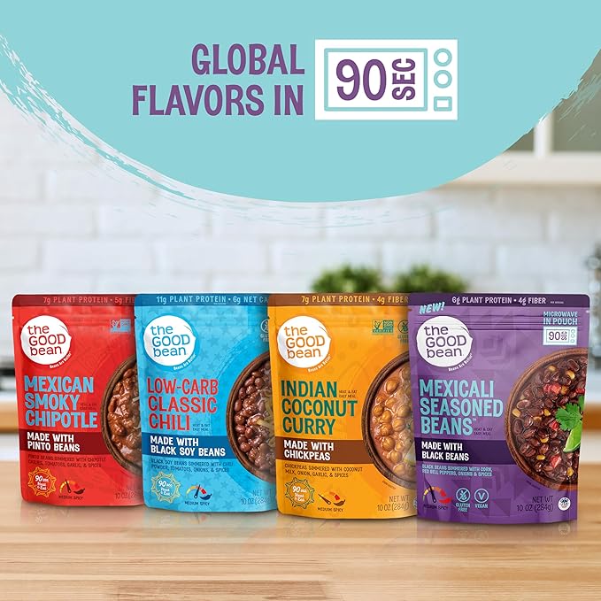The Good Bean Heat and Eat Pouch - Variety Pack - (Pack of 4) 10 oz Pouch - Mexican Smoky Chipotle, Low-Carb Classic Chili, Mexicali Seasoned Beans, and Indian Coconut Curry