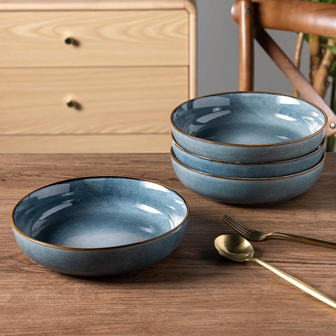 GBHOME 8.75'' Large Ceramic Pasta Bowls, 38oz Stoneware Pasta Serving Bowls Set of 4 for Kitchen, Wide Bowls for Fruit,Pasta,Salad,Oatmeal,Meal, Microwave Safe, Reactive Glaze-Space Blue