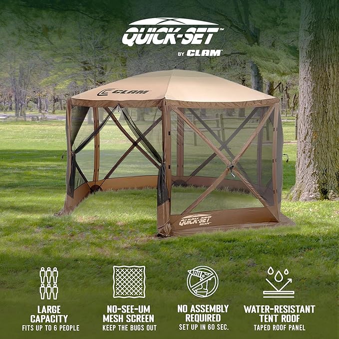 CLAM Pop Up Screen Tent, Outdoor Camping Gazebo Canopy, Escape, 11.5', Brown - Heavy-Duty Portable Screened Shelter with Netting for Beach, Patio, and Backyard