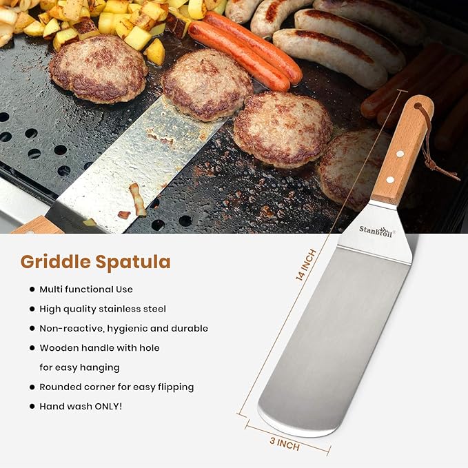 Stanbroil Large Metal Griddle Spatula Set with Long Flat Spatulas and Cast Iron Grill Press for Flat Tops, Griddles, Grills, Ovens and Stoves,Set of 4