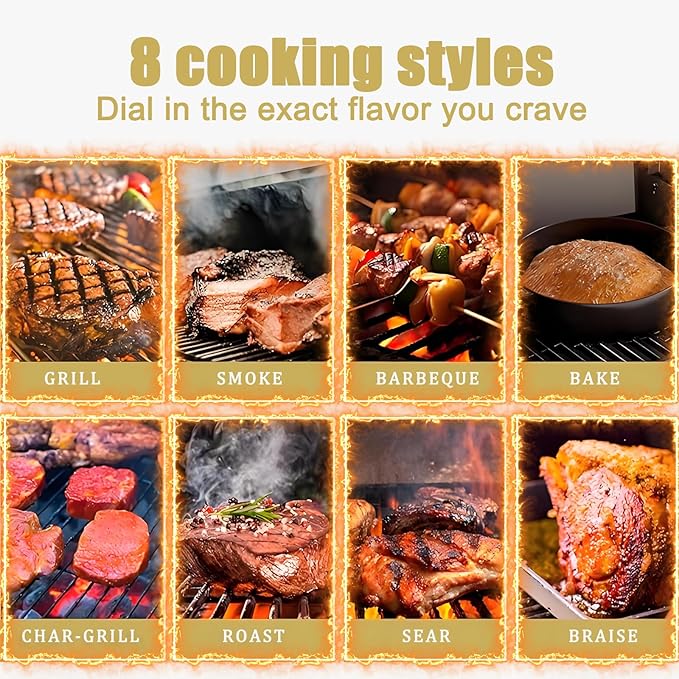 Portable Wood Pellet Grills 900°F，Smoker with Viewing Window – 8-in-1 BBQ, Digital Control, LED Screen, Temperature Control, Meat Probe，Bake and Roast, Ideal for Camping, RV, Beach Backyard