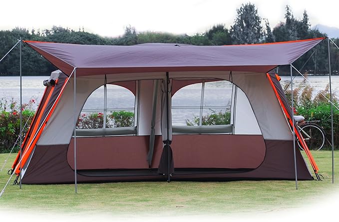 KTT Extra Large Tent 12 Person(A),Awning Family Cabin Tents,2 Rooms,3 Doors and 3 Windows with Mesh,Straight Wall,Waterproof,Double Layer,Big Tent for Outdoor,Picnic,Camping,Family Gathering。