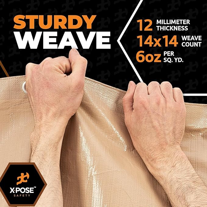 Heavy Duty Tan Poly Tarp 6' X 8' (2-Pack) - Multipurpose Protective Cover - Durable, Waterproof, Weather Proof, Rip and Tear Resistant - Extra Thick 12 Mil Polyethylene - by Xpose Safety