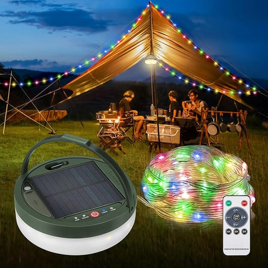 Anpro 4 in 1 Solar Camping String Lights, 32.8Ft Ultra Long Multi-Color LED String, 3600mAh Solar Powered and USB Rechargeable Light with Remote Control, Portable Camping Light for Hiking, Decoration