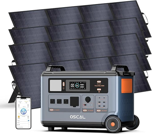 OSCAL PowerMax 6000 Solar Generator, 3600Wh/3000W Portable Power Station with 4x200W Solar Panels, 4 AC Outlets (6000W Peak), 1.2H Fast Charging, App Control for Home, Camping & RVs