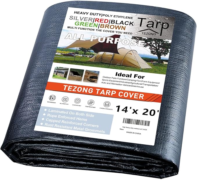 Tarps Heavy Duty Waterproof 14x20ft,TEZONG Black Tarp 12Mil Plastic Tarpaulin Outdoor Tarp Cover for Emergency Rain,Patio Furniture,Wood,Roof,Camping,Car,Pool