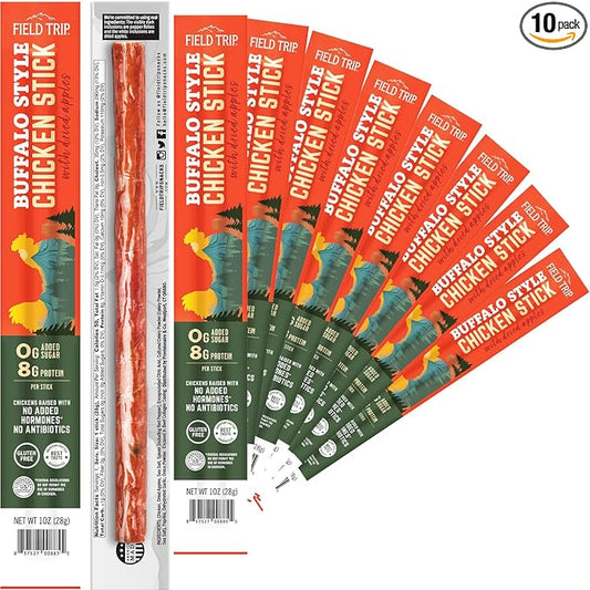 Field Trip Hormone Free Spicy Buffalo Chicken Jerky Snack Sticks, 0 Sugar, Keto, Paleo, Gluten Free, Allergy Friendly Snack, High Protein, 50 Calorie Snack, 1oz, 10 Pack