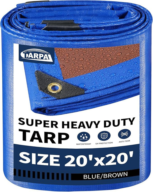 TARPAL 20x20ft Waterproof Heavy Duty Tarp 16Mil Thick with Metal Grommets Every 17.7" Large Multipurpose Tarp Tear-Resistant UV Protection Covers Roof, Pool,Car,Firewood&Outdoor Furniture(Blue/Brown)
