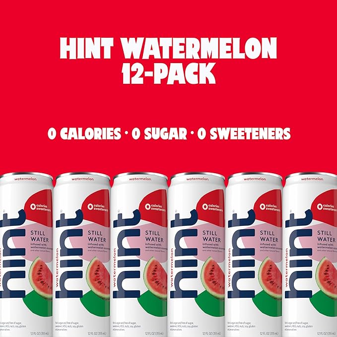Hint Watermelon Canned Flavored Water, Pure Still Water Infused with Watermelon Essence, 12 oz Slim Cans, Zero Sugar, Calories, Sweeteners, Preservatives, or Artificial Flavors (Pack of 12)