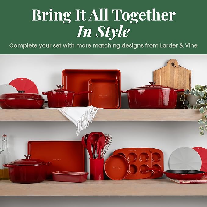 Larder & Vine Enameled Cast Iron Skillet | 10.25 inch Skillet | Saute Pan with Pour Spouts | Enamel Coated Cast Iron | Compatible on All Cooktops & Oven Safe to 500 F | Cabernet