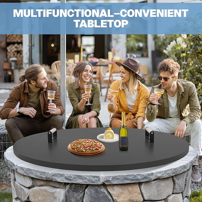 Fire Pit Lid Cover Round - 38" Rust Resistant Powder Coated Steel Firepit Cover or Table with 2 Wooden Handles for Patio Fire Pit, Weatherproof for All Seasons, Fits Fire Pits Up to 36"