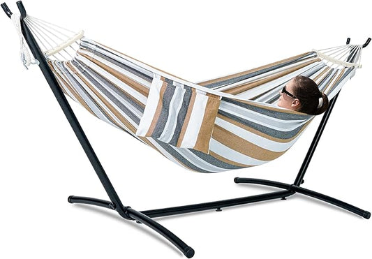 Double Hammock with Stand for Outside, Upgraded Spreader Bar, Heavy Duty Space Saving Steel Stand 2 Person, Convenient Pockets, Easy Assembly, 600lbs Weight Capacity, Indoor & Outdoor (Coffee)