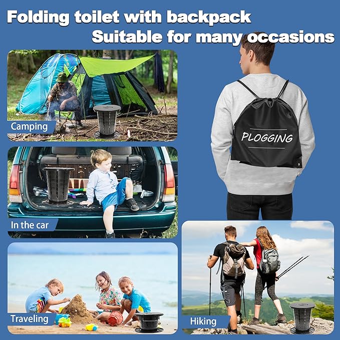 Upgraded Retractable Portable Toilet with Cushion, Adjustable Height Camping Toilets with Lid for Adults and Kids, Compact Portable Potty for Camping, Car, Travel, Boat, Tent and Emergency Use