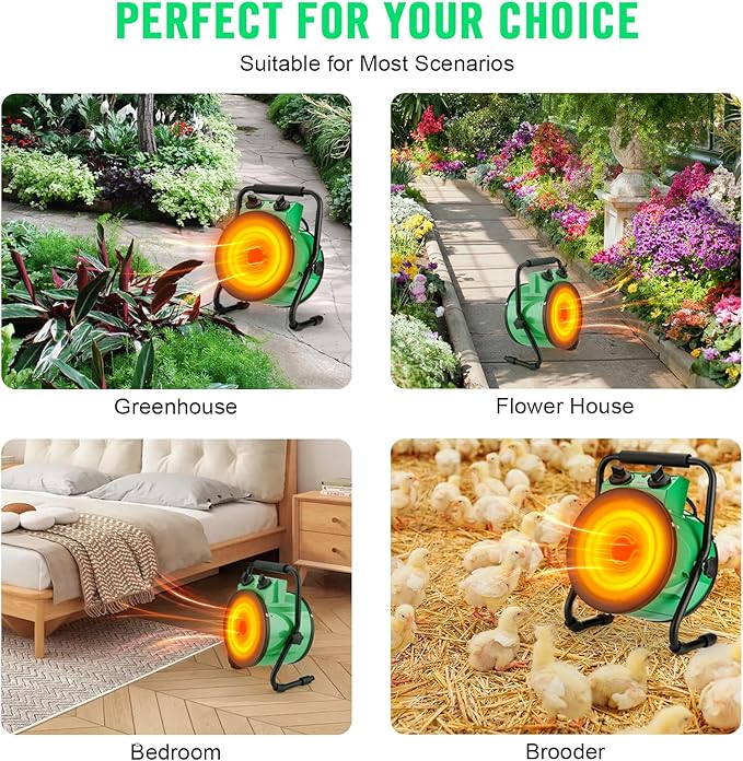 Greenhouse Heater with Digtal Thermostat, 1500W Electric Greenhouse Heaters, Fast Heating with Overheat Protection, Grow Tent Heater for Green House, Outdoor, Patio, Flower Room, Green