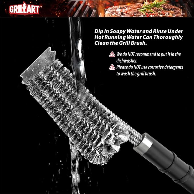 GRILLART Grill Brush and Scraper with Deluxe Handle, Safe Wire Grill Brush BBQ Cleaning Brush Grill Grate Cleaner for Gas Infrared Charcoal Porcelain Grills, BR-8529