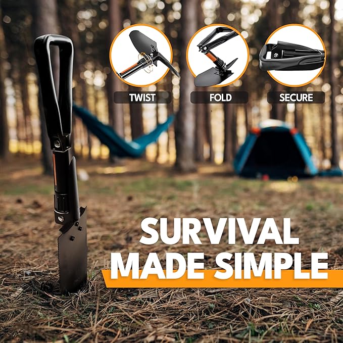 Folding Shovel, 18" Survival Shovel, Backpack Hiking Shovel, Military Grade Carbon Steel with Saw Edge, Collapsible with Carry Case