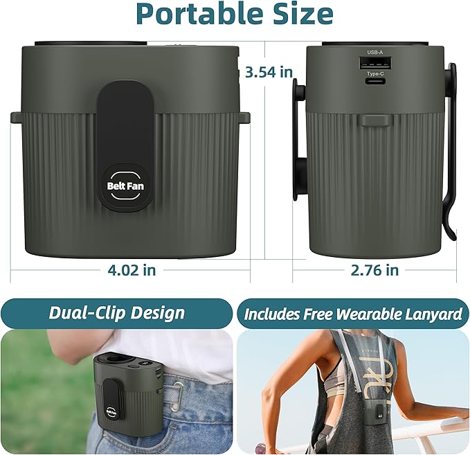 CIVPOWER Portable Waist Clip Fan: 20000 RPM Turbo Cooling - Rechargeable 8000 mAh Battery and LED Display - 5 Speed Belt Fan on Shirt for Outdoor/Jobsite/Camping/Travel (Green)