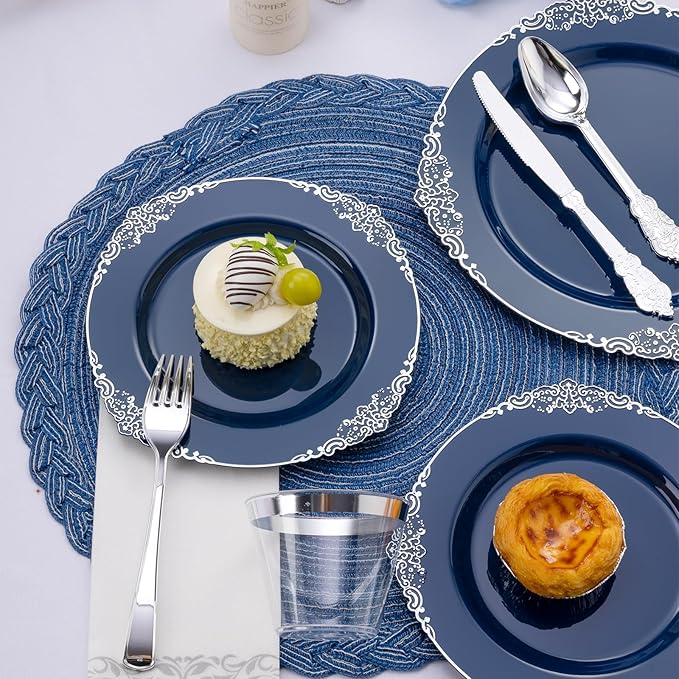 350PCS Navy Blue Plastic Plates for 50 Guests, Disposable Plates with Gold Trim include 50 Dinner and Dessert Plates, 150 Gold Silverware, 50 Cups, 50 Napkins for Party, Wedding & Graduation