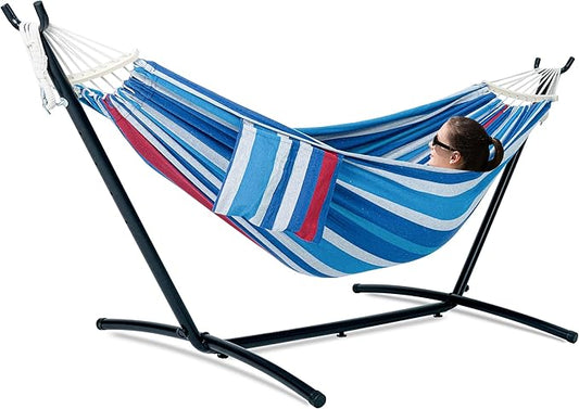 Double Hammock with Stand for Outside, Upgraded Spreader Bar, Heavy Duty Space Saving Steel Stand 2 Person, Convenient Pocket, Easy Assembly, 600lbs Weight Capacity, Indoor & Outdoor (Rider)