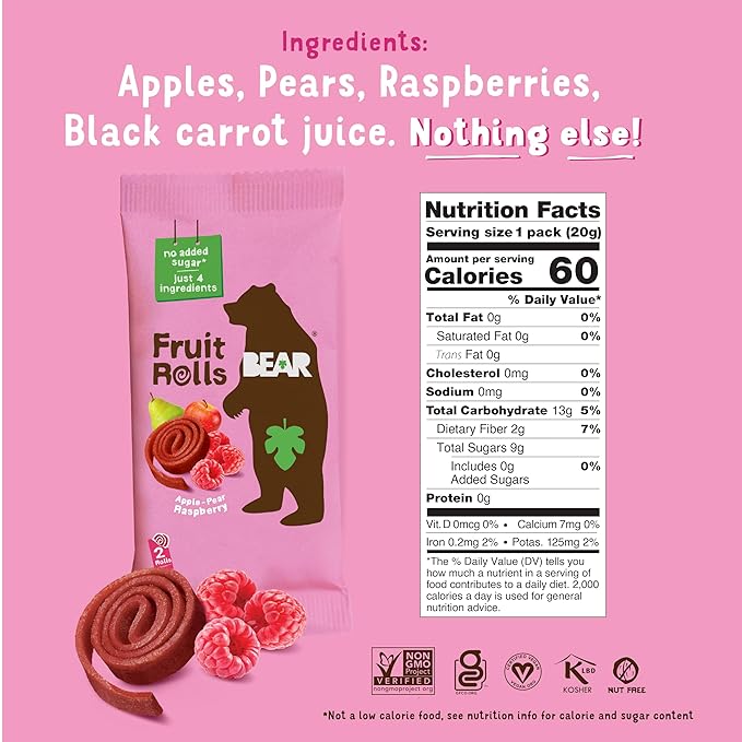 BEAR Real Fruit Snack Rolls - Gluten Free, Vegan, and Non-GMO - Raspberry – 36 Rolls, Healthy School And Lunch Snacks For Kids And Adults, 0.7 Ounce (Pack of 18)