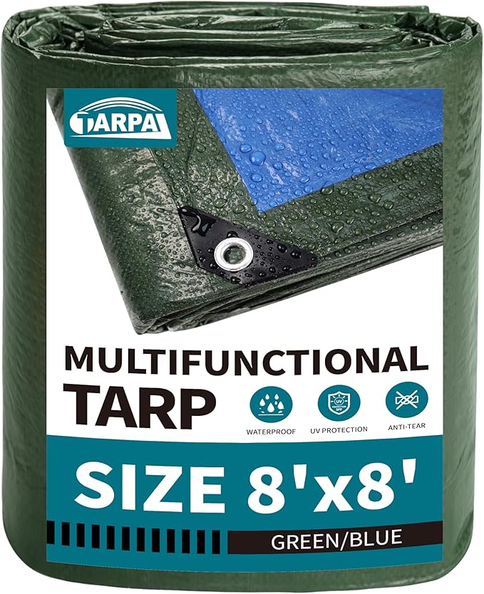 TARPAL 8x8 Feet Green Tarp Waterproof 6mil Small tarps Multipurpose Protective Cover All Purpose Poly Tarps Cover for Firewood Outdoor Furniture etc